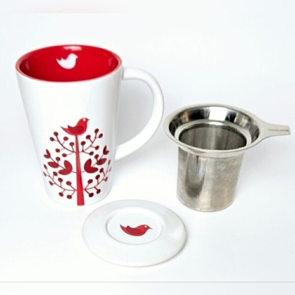 DAVIDsTEA Perfect Tea Mug Red Bird Tree with Infuser & Lid